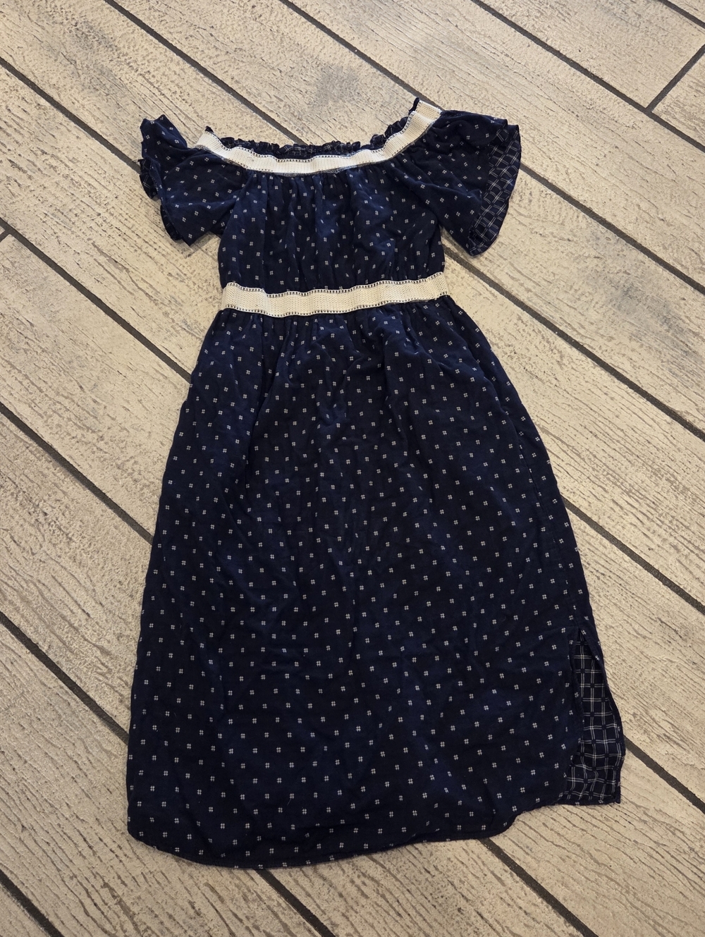 Womens Navy Off-Shoulder Polka Dot Dress,  White Trim 100% Cotton With Pockets